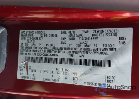 2016 Ford Escape Titanium z USA, uszkodzony, nr VIN 1FMCU9JXXGUC33092